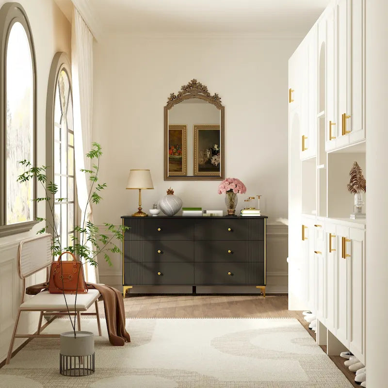 White Lacquer Dresser 6 Drawer Dresser with Metal Handle and Legs 35