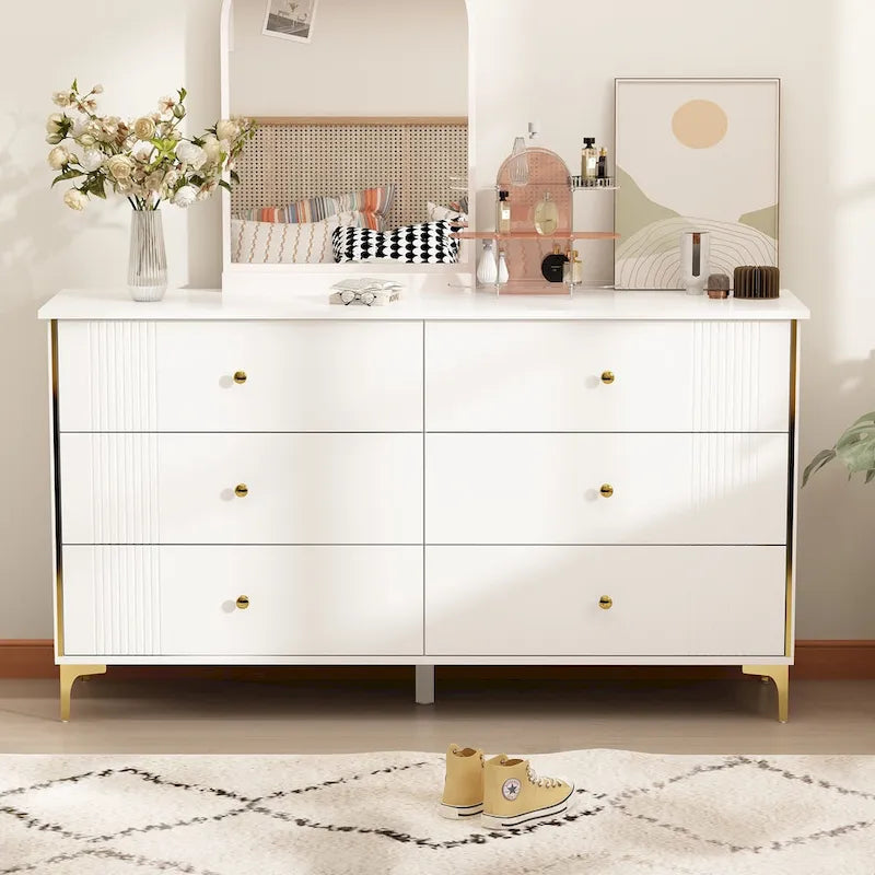 White Lacquer Dresser 6 Drawer Dresser with Metal Handle and Legs 3