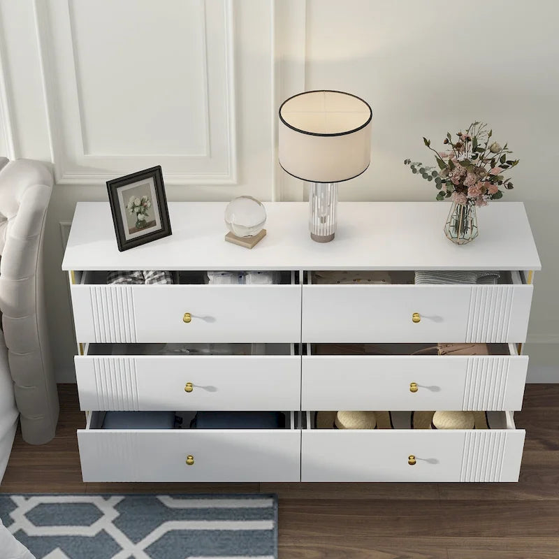 White Lacquer Dresser 6 Drawer Dresser with Metal Handle and Legs 4