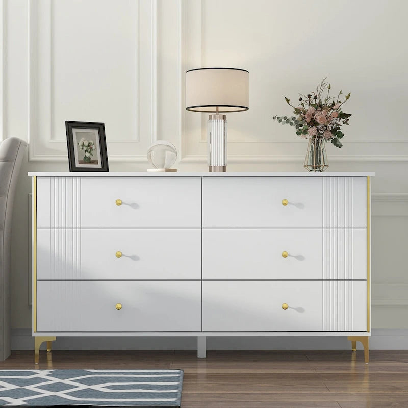 White Lacquer Dresser 6 Drawer Dresser with Metal Handle and Legs 6