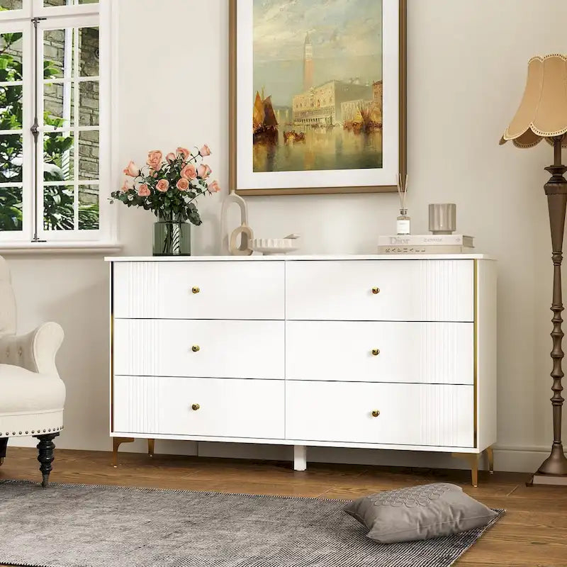 White Lacquer Dresser 6 Drawer Dresser with Metal Handle and Legs 10