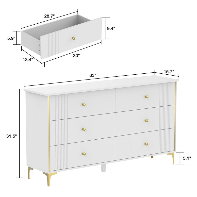 White Lacquer Dresser 6 Drawer Dresser with Metal Handle and Legs 13