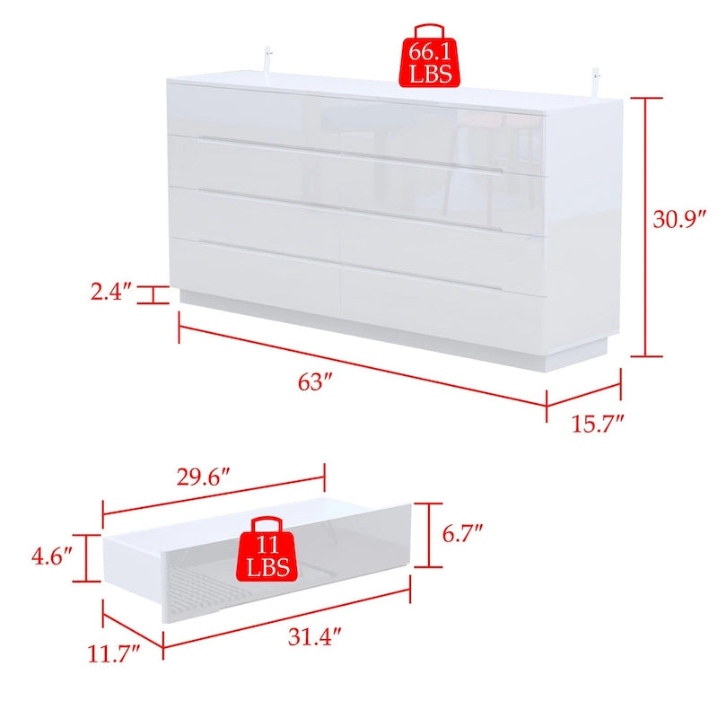 8 Drawer Double Dresser Dresser w/High Gloss Drawers Dual Chest Light 4