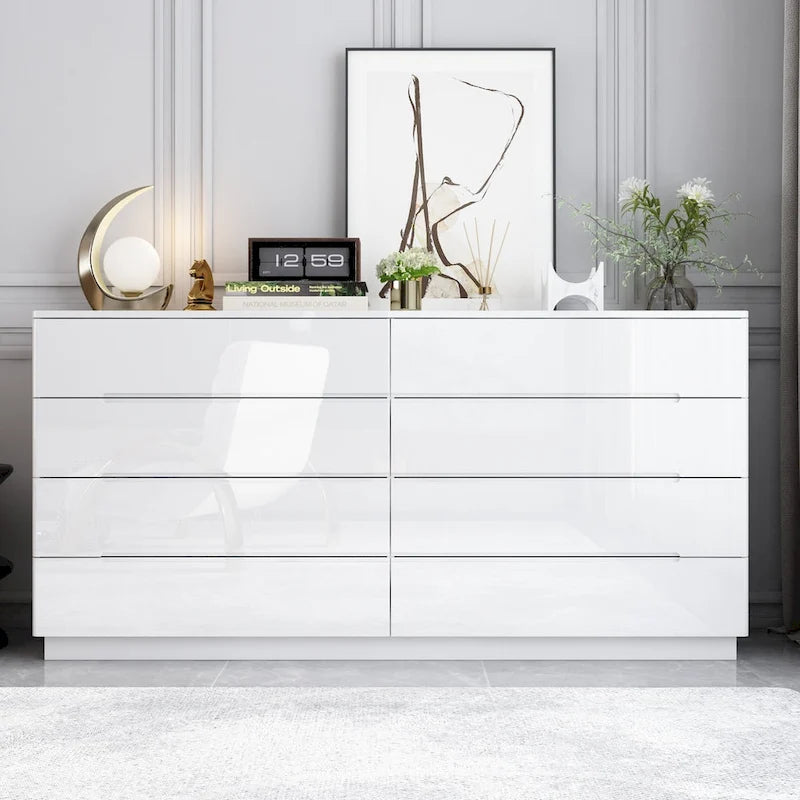 8 Drawer Double Dresser Dresser w/High Gloss Drawers Dual Chest Light 8