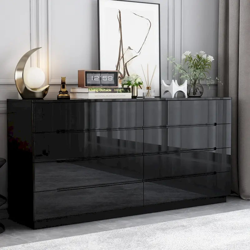 8 Drawer Double Dresser Dresser w/High Gloss Drawers Dual Chest Light 9