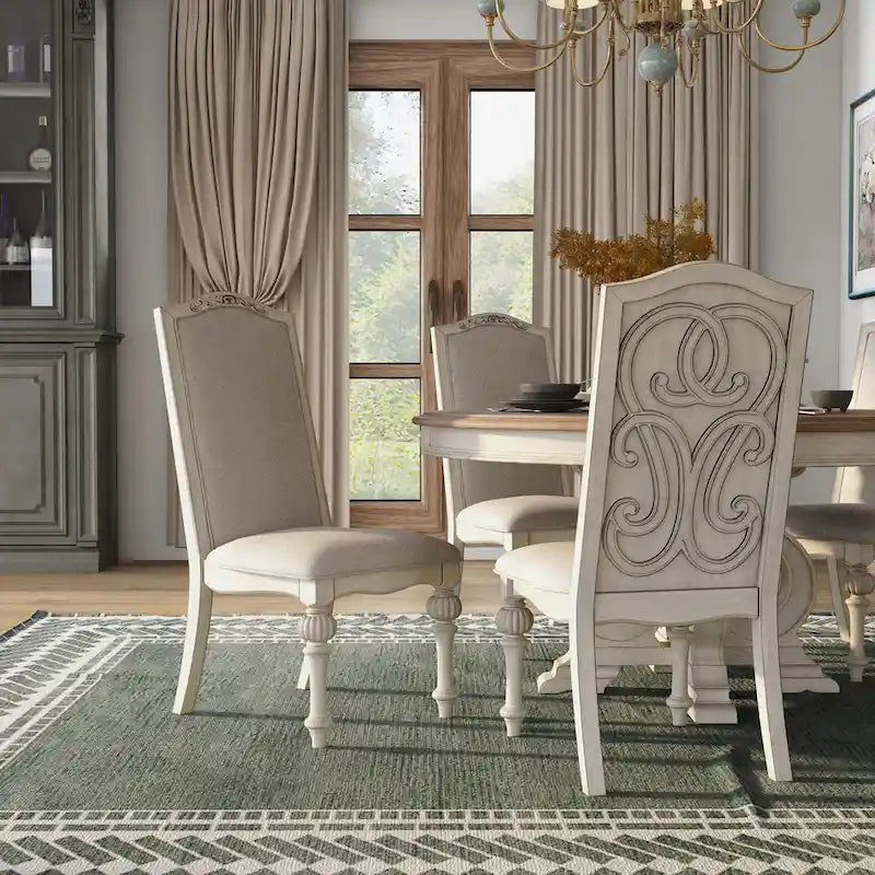Caelum Farmhouse White Fabric Upholstered 7-Piece Round Dining Set By The Gray Barn 3