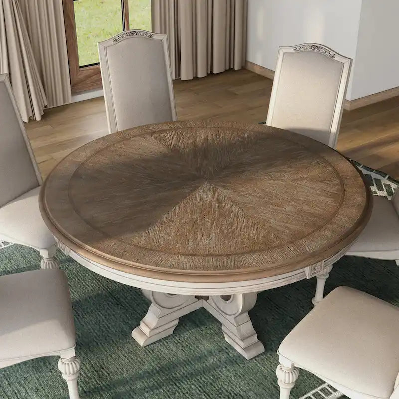 Caelum Farmhouse White Fabric Upholstered 7-Piece Round Dining Set By The Gray Barn 4