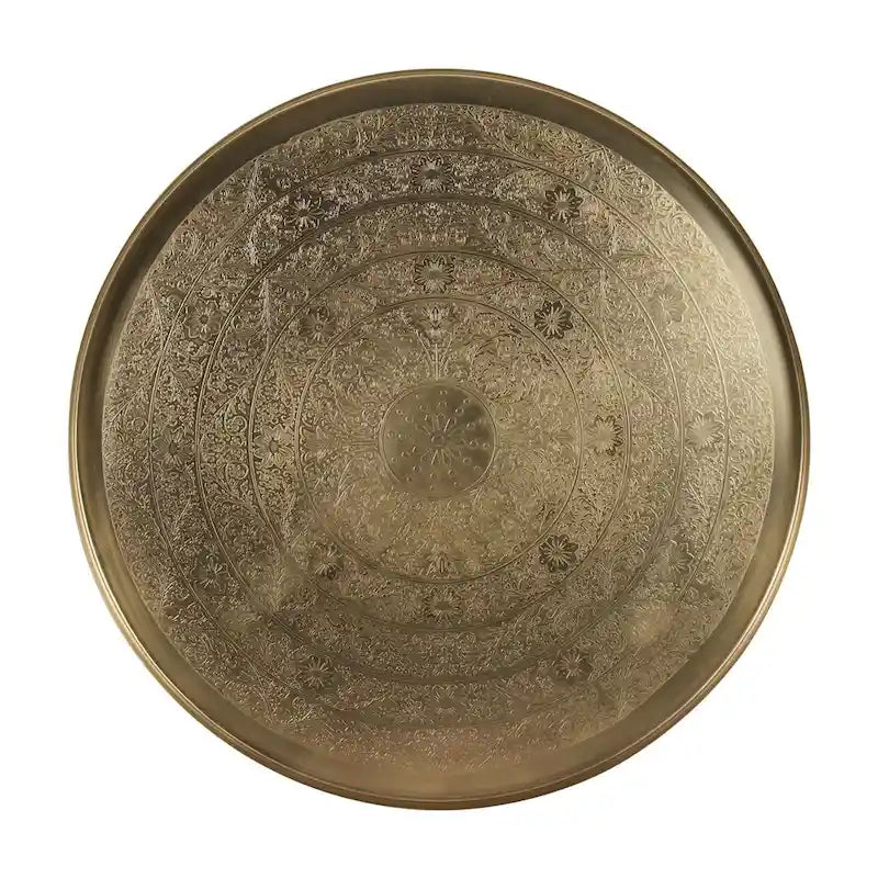 Eros Antique Brass-Finish Etched Floral Tray-Top Accent Table by East at Main 4