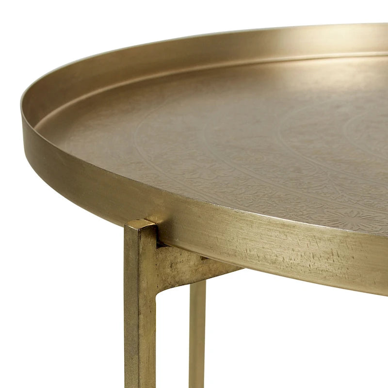 Eros Antique Brass-Finish Etched Floral Tray-Top Accent Table by East at Main 6