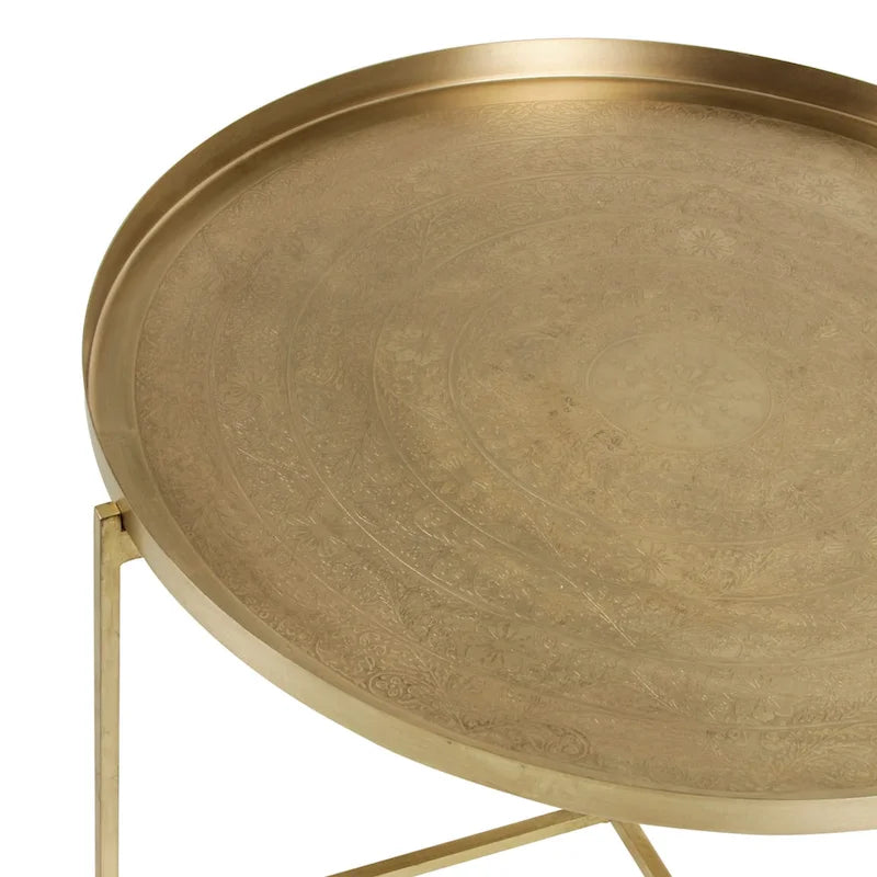 Eros Antique Brass-Finish Etched Floral Tray-Top Accent Table by East at Main 7