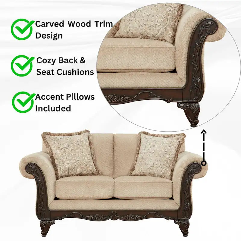 Roundhill Furniture Hernen Carved Wood Frame Loveseat 8