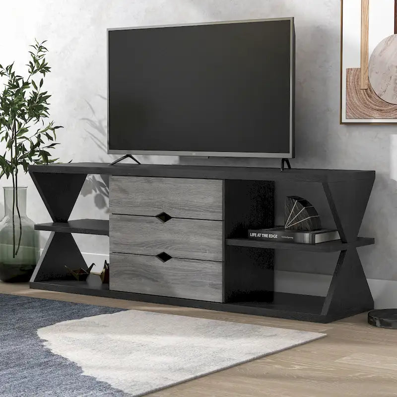 Ayala Modern Black and Distressed Grey 60-inch 4-Shelf TV Console with 3-Drawer 9