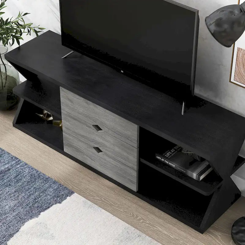 Ayala Modern Black and Distressed Grey 60-inch 4-Shelf TV Console with 3-Drawer 3