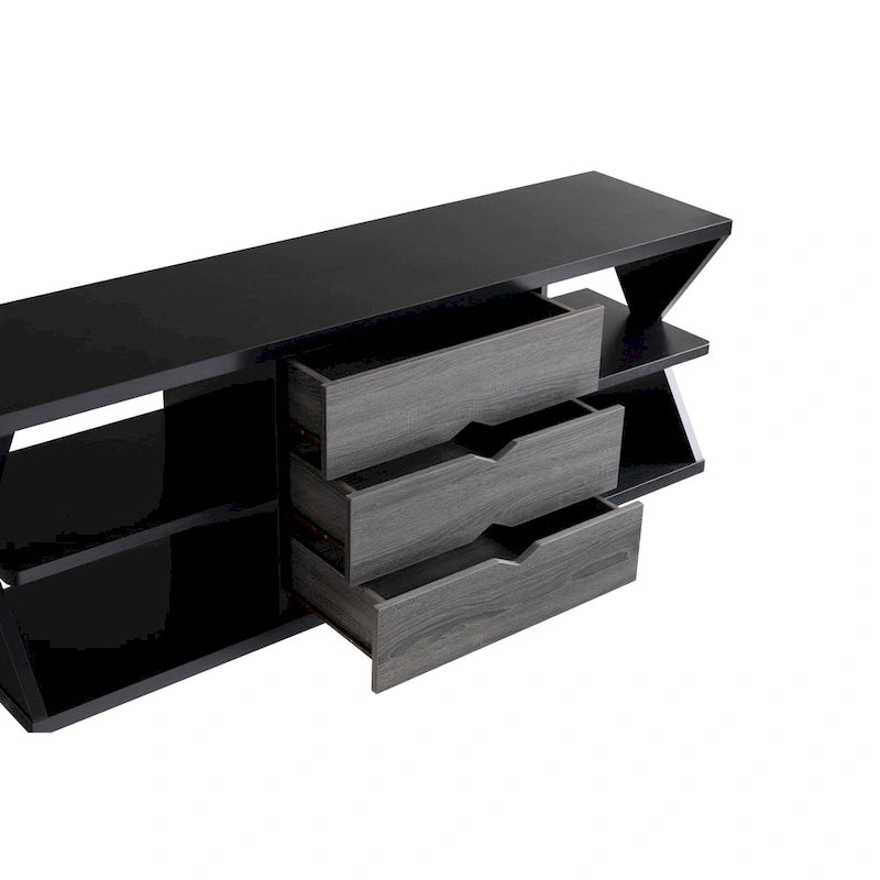 Ayala Modern Black and Distressed Grey 60-inch 4-Shelf TV Console with 3-Drawer 7