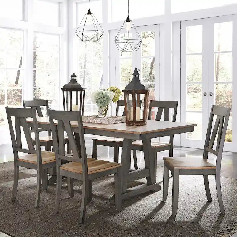 Set tavolo a cavalletto Lindsey Farm Gray e Sandstone da 7 pezzi 14