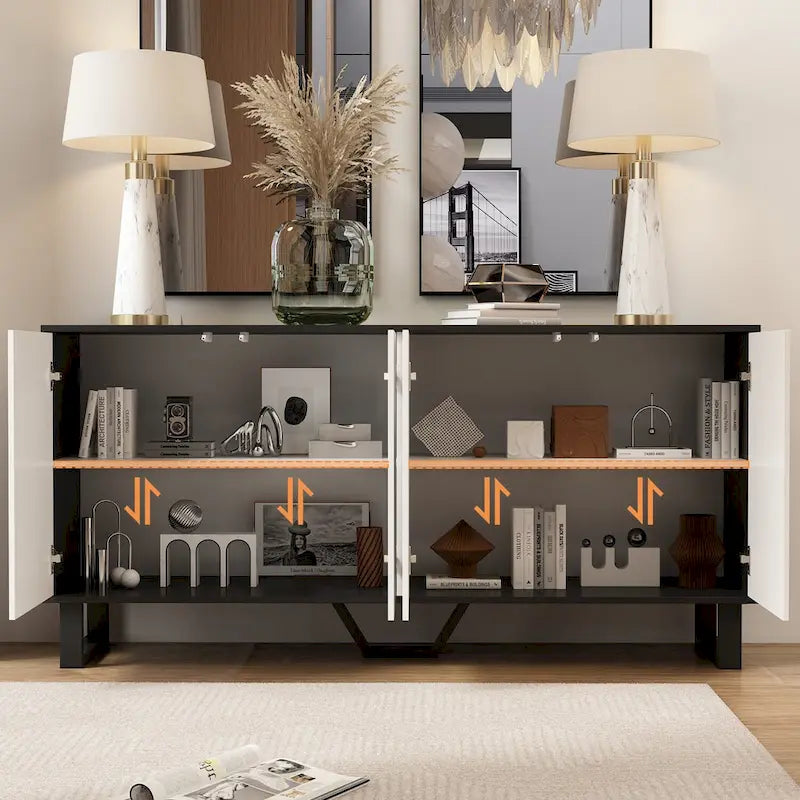 Modern 4 Door Bookmatch Buffet 63inch Black White End Table Sideboard 4