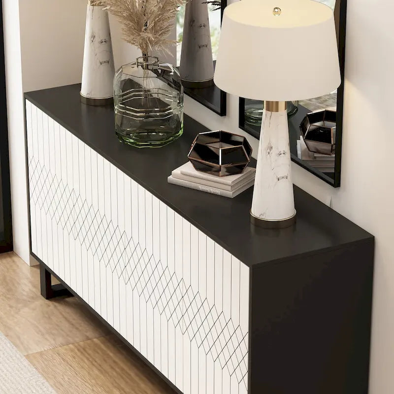 Modern 4 Door Bookmatch Buffet 63inch Black White End Table Sideboard 10