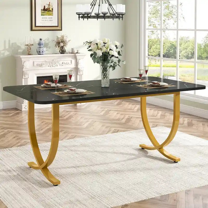 Tavolo da Pranzo Rettangolare Nero da 63 Pollici per 4-6 Persone, Tavolo da Cucina Moderno da 63 Pollici 9