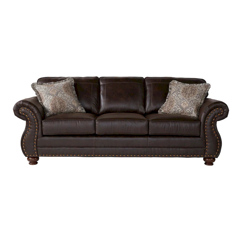 Roundhill Furniture Leinster Fabric Upholstered Nailhead Sofa and Loveseat Set in Espresso 2