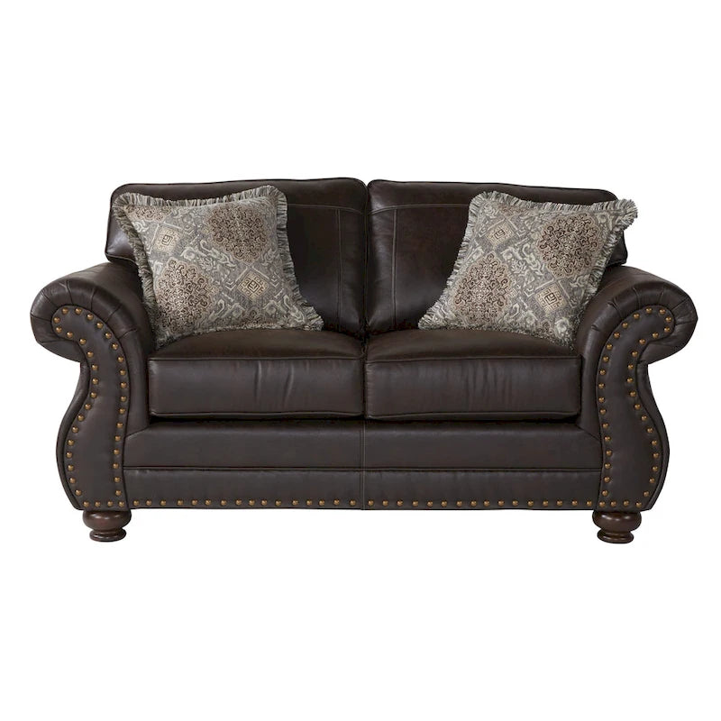 Roundhill Furniture Leinster Fabric Upholstered Nailhead Sofa and Loveseat Set in Espresso 5