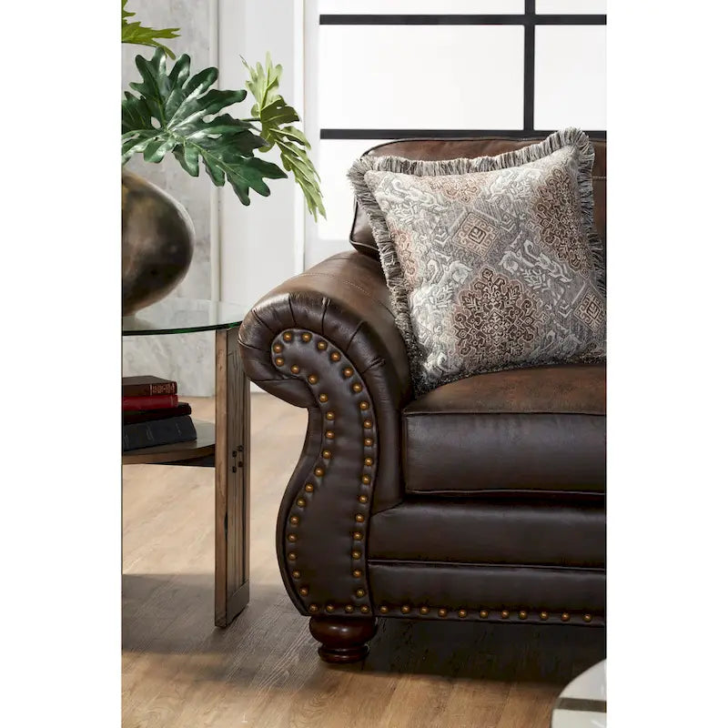 Roundhill Furniture Leinster Fabric Upholstered Nailhead Sofa and Loveseat Set in Espresso 6