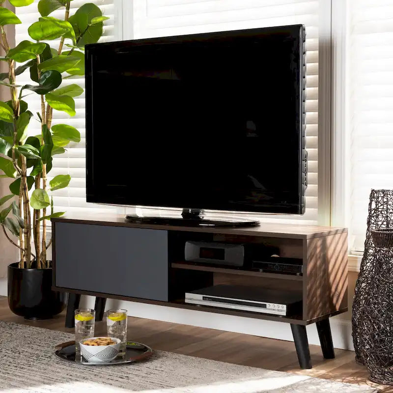 Mallory Two-Tone Walnut Brown and Grey Finished Wood TV Stand 7