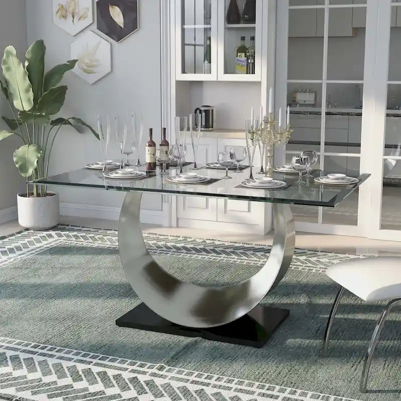 Set da pranzo da 7 pezzi con piedistallo a U in acciaio nero moderno Heer di Furniture of America