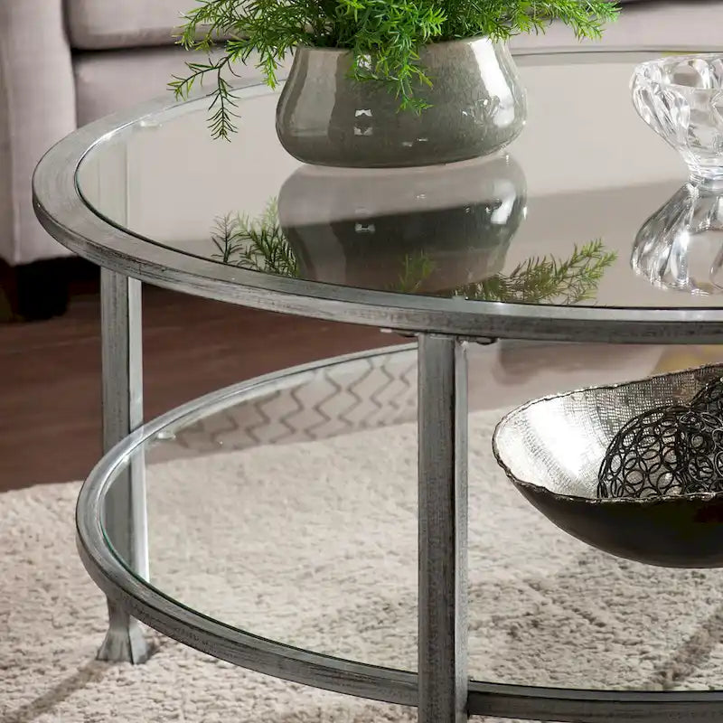 SEI Furniture Glenn Distressed Silver Round Coffee Table with Glass Top and Shelf 2