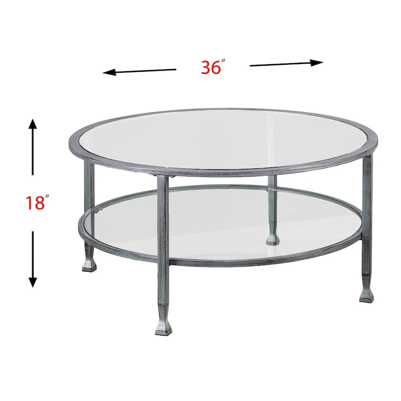 SEI Furniture Glenn Distressed Silver Round Coffee Table with Glass Top and Shelf 6