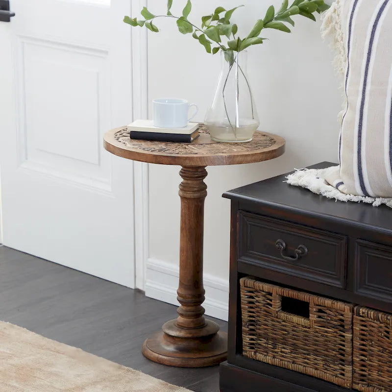 Mango Wood Elephant or Floral Handmade Intricately Carved Accent Table with Turned Base - Dark Brown - Roche River Decor