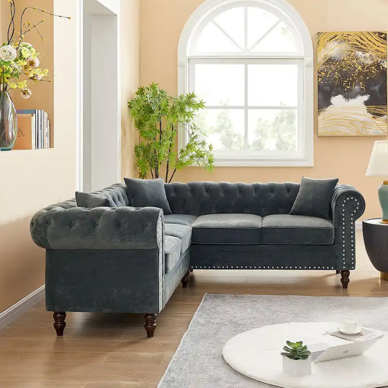 Deep Button Rolled Arm Classic Chesterfield L Shaped Sectional Sofa