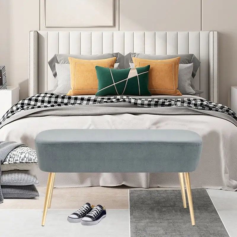 Adeco Velvet Bench Footrest, Bed End Stool Metal Legs, Dressing Chair 22