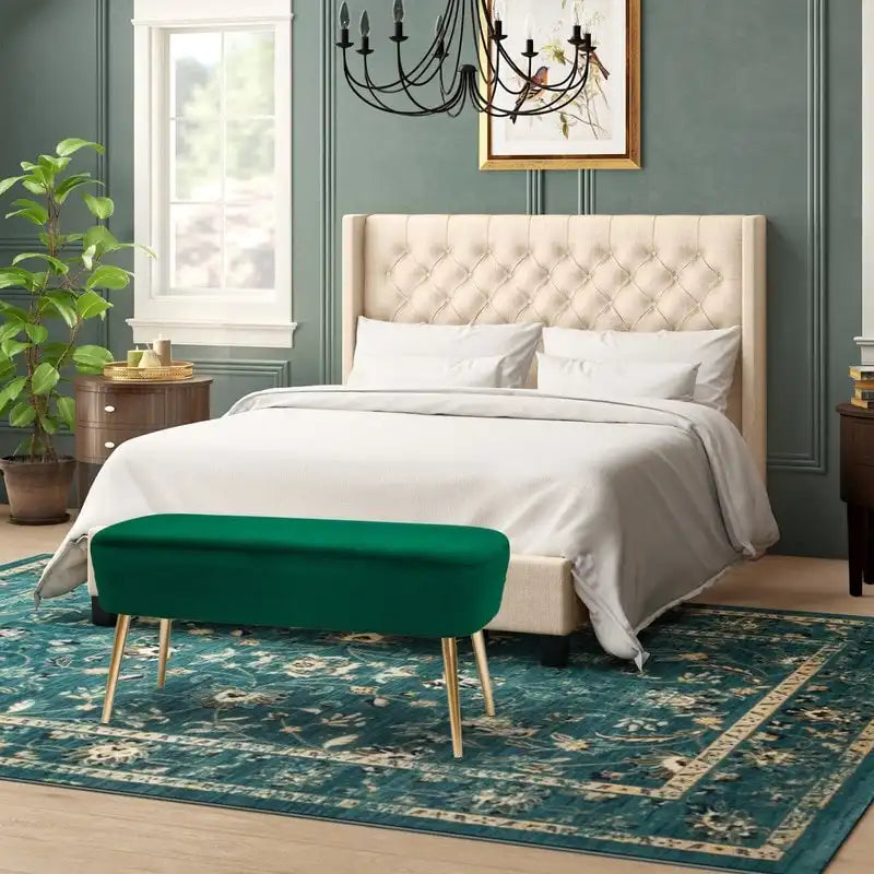 Adeco Velvet Bench Footrest, Bed End Stool Metal Legs, Dressing Chair 23