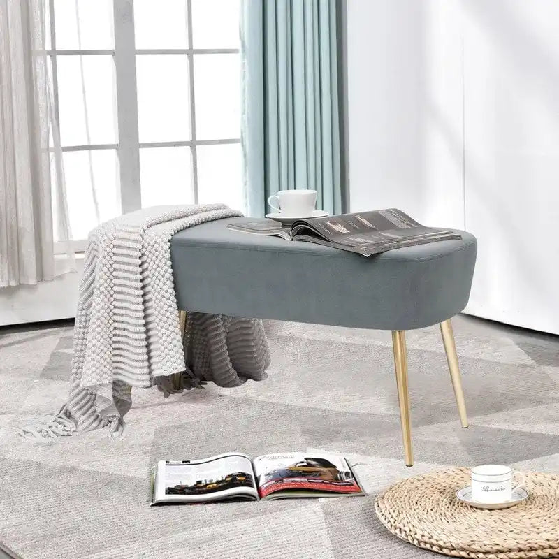 Adeco Velvet Bench Footrest, Bed End Stool Metal Legs, Dressing Chair 17