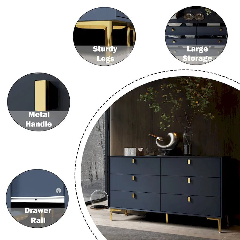 6 Drawers Storage Dresser Mid Century Chest of Drawer Sideboard 24