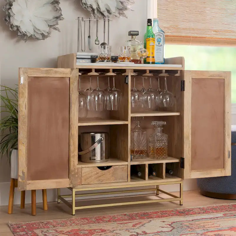 Spence Wooden Bar Cabinet with Marble Top 4