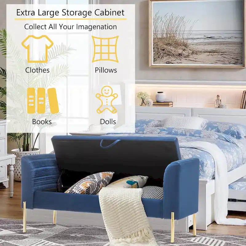 Storage Ottoman Bench, Upholstered Velvet Entryway Bench with Armrest & Large Storage Space for Living Room - 52inch 2