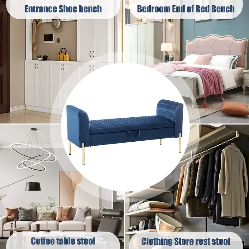 Storage Ottoman Bench, Upholstered Velvet Entryway Bench with Armrest & Large Storage Space for Living Room - 52inch 3