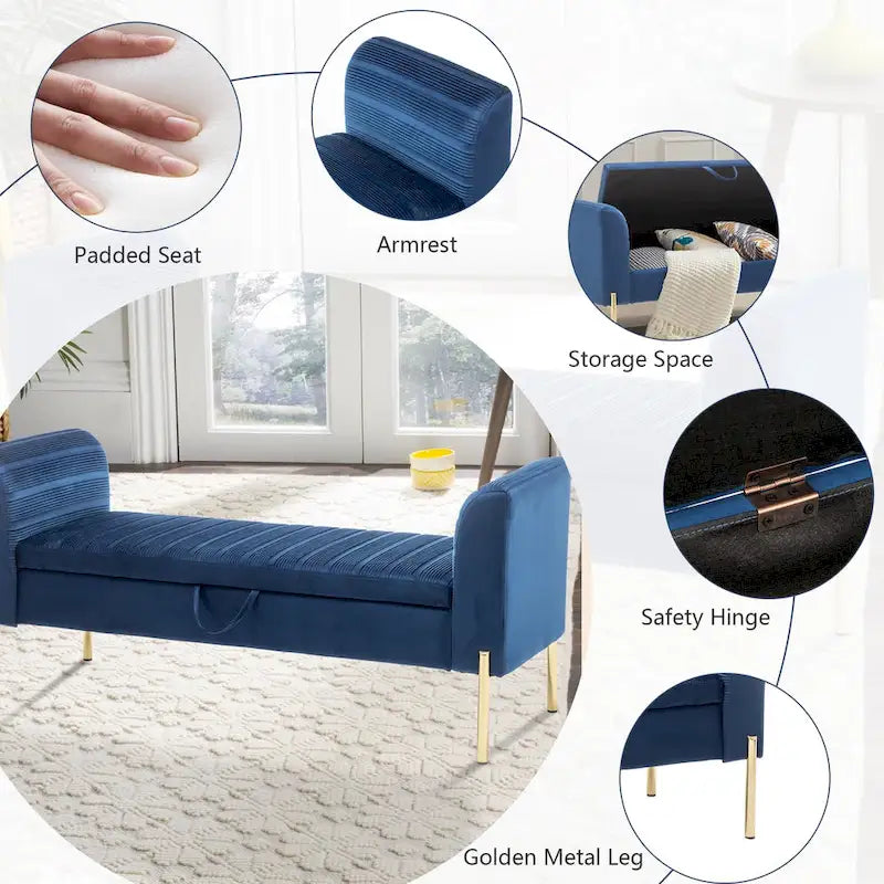 Storage Ottoman Bench, Upholstered Velvet Entryway Bench with Armrest & Large Storage Space for Living Room - 52inch 4