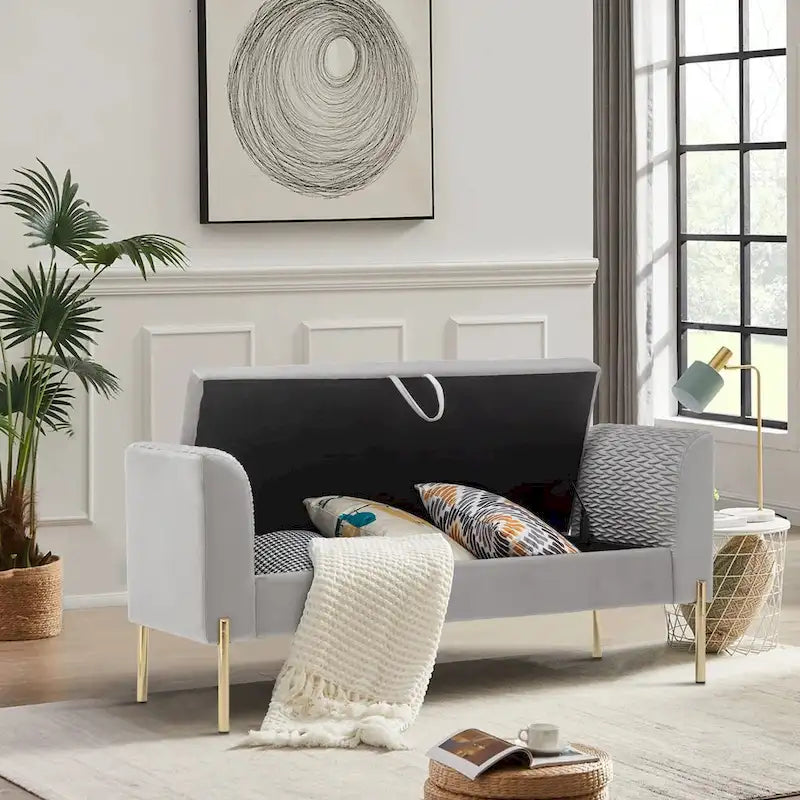 Storage Ottoman Bench, Upholstered Velvet Entryway Bench with Armrest & Large Storage Space for Living Room - 52inch 8