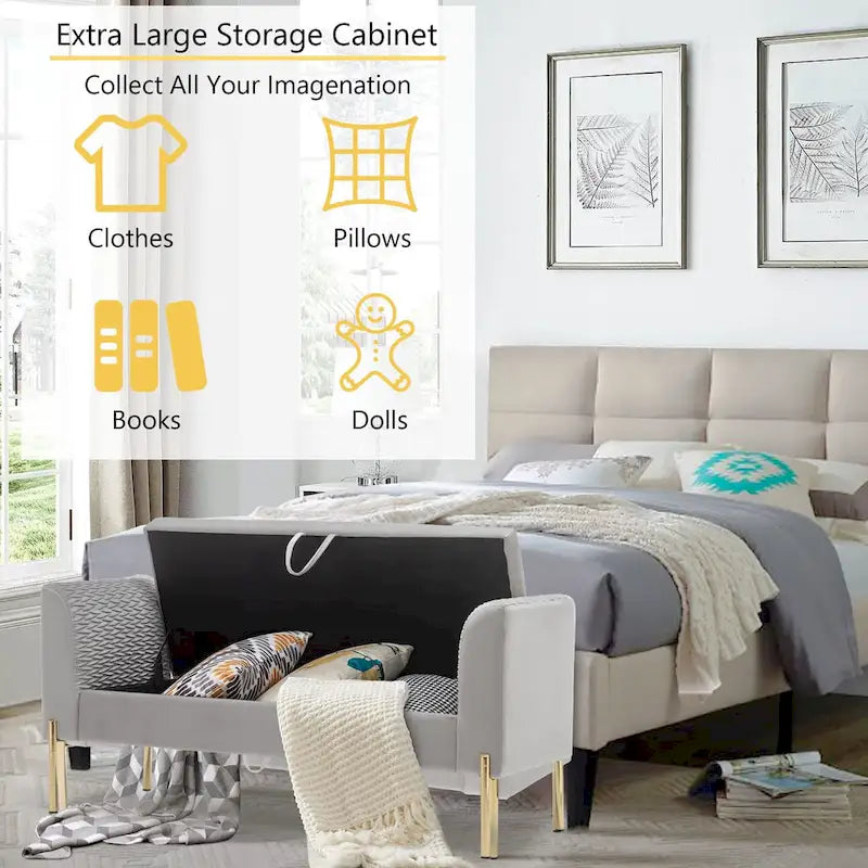 Storage Ottoman Bench, Upholstered Velvet Entryway Bench with Armrest & Large Storage Space for Living Room - 52inch 9