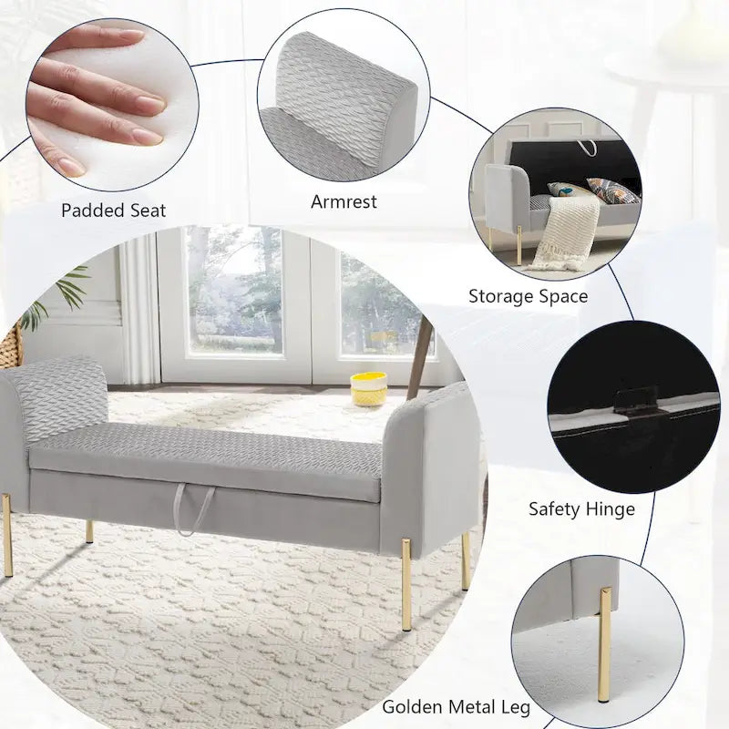 Storage Ottoman Bench, Upholstered Velvet Entryway Bench with Armrest & Large Storage Space for Living Room - 52inch 10