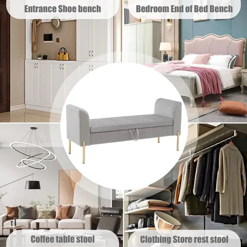 Storage Ottoman Bench, Upholstered Velvet Entryway Bench with Armrest & Large Storage Space for Living Room - 52inch 11
