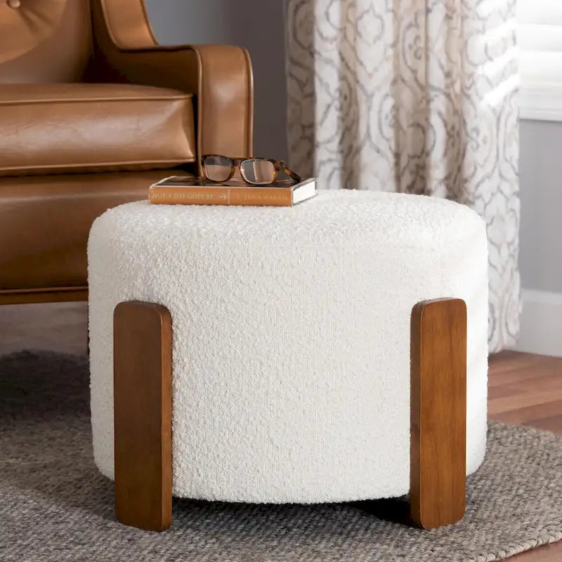 Finlay Modern Japandi Boucle Fabric and Wood Ottoman Footstool 6
