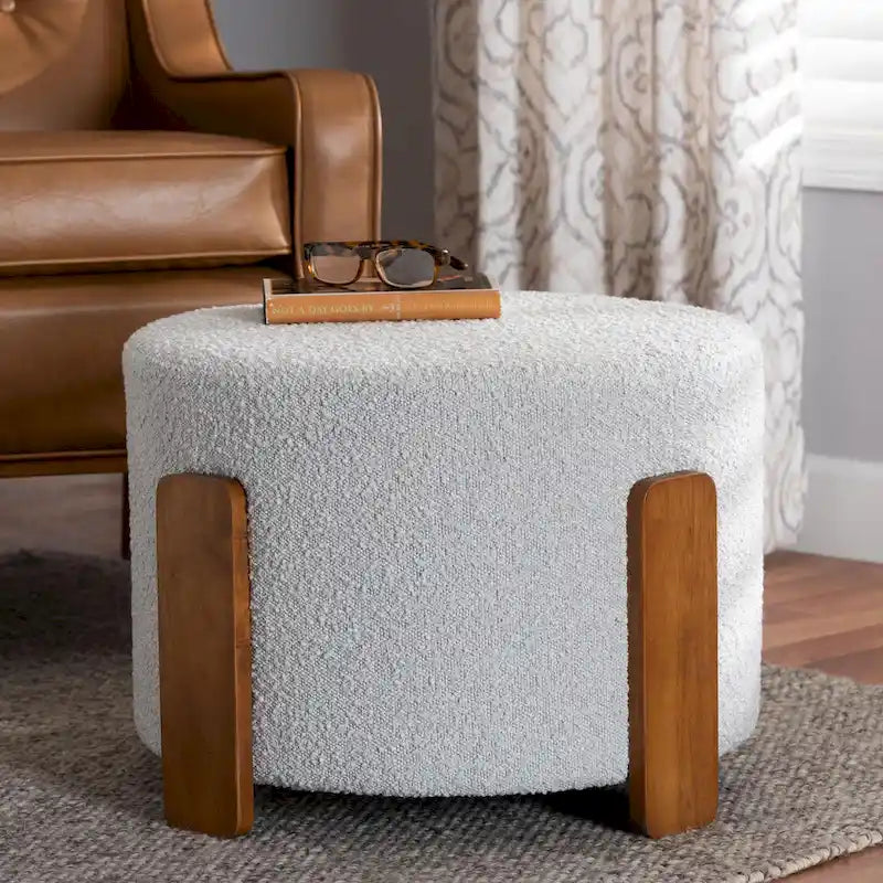 Finlay Modern Japandi Boucle Fabric and Wood Ottoman Footstool 9