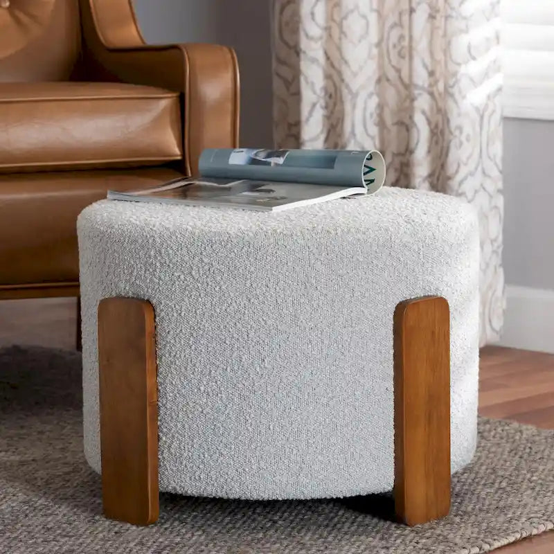 Finlay Modern Japandi Boucle Fabric and Wood Ottoman Footstool 14