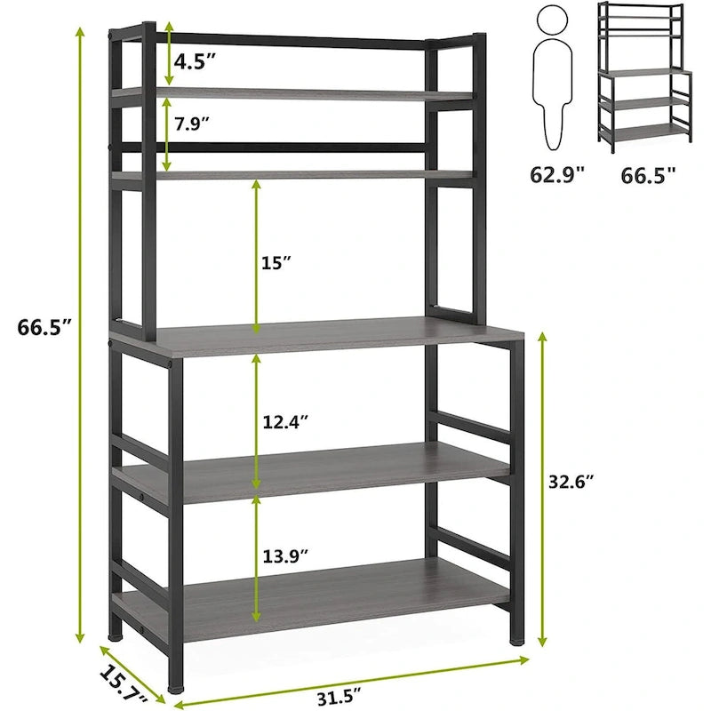 Scaffale da Panettiere a 5 Ripiani con Contenitore, Carrello Cucina per Microonde 13