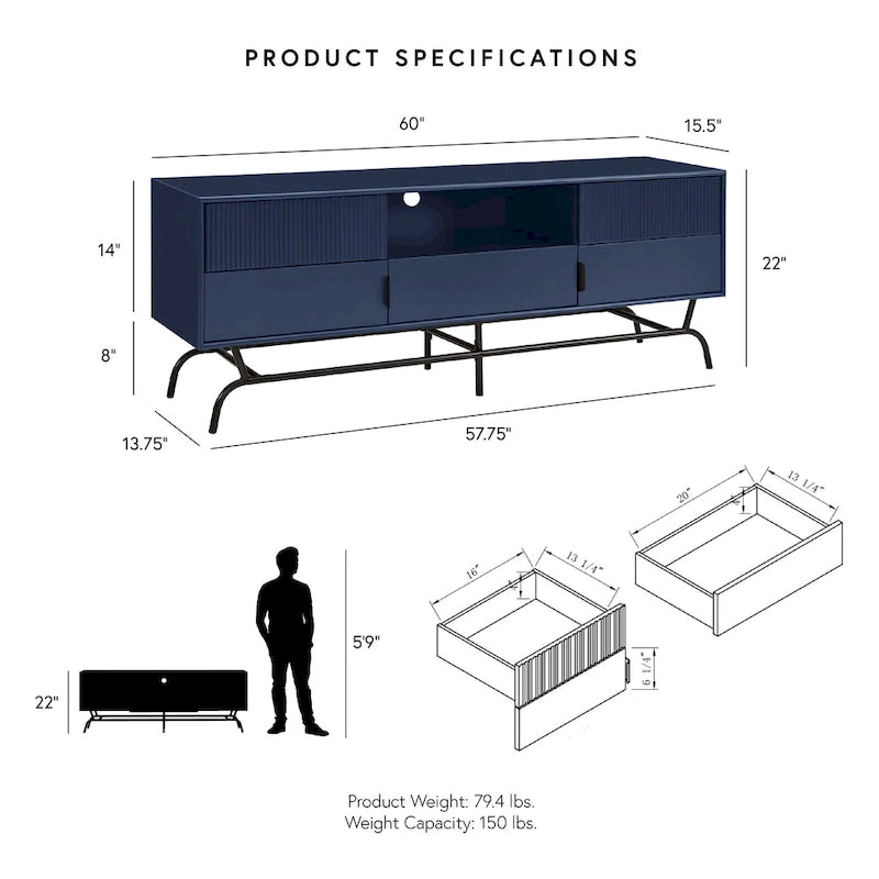 DH BASIC Modern 60-inch 3-Drawer Media Cabinet TV Stand with Cable Hole by Denhour
