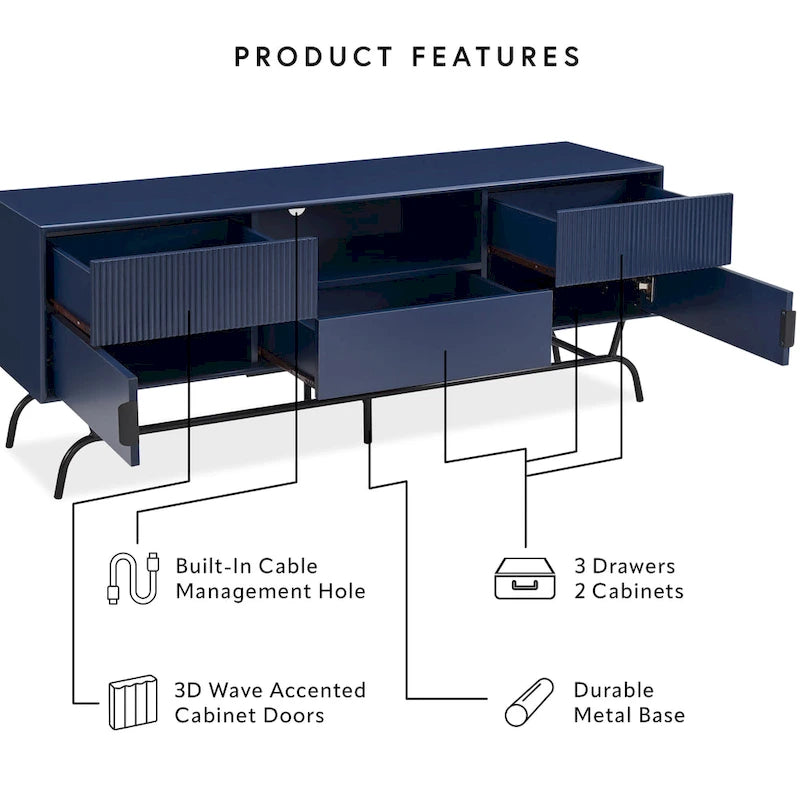 DH BASIC Modern 60-inch 3-Drawer Media Cabinet TV Stand with Cable Hole by Denhour 4
