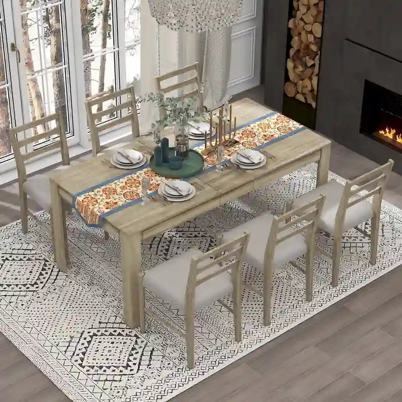Nestfair 7-Piece Wooden Dining Table Set with 6 Chairs and 2 Drawers 21